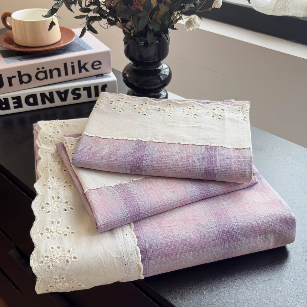 SaneShoppe - Sweet White Ruffles 100% Cotton Bed Sheet Set with Pillowcases Breathable Plaid Flat Sheet for Single Double Bed Cotton Sheets