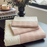 SaneShoppe - Sweet White Ruffles 100% Cotton Bed Sheet Set with Pillowcases Breathable Plaid Flat Sheet for Single Double Bed Cotton Sheets