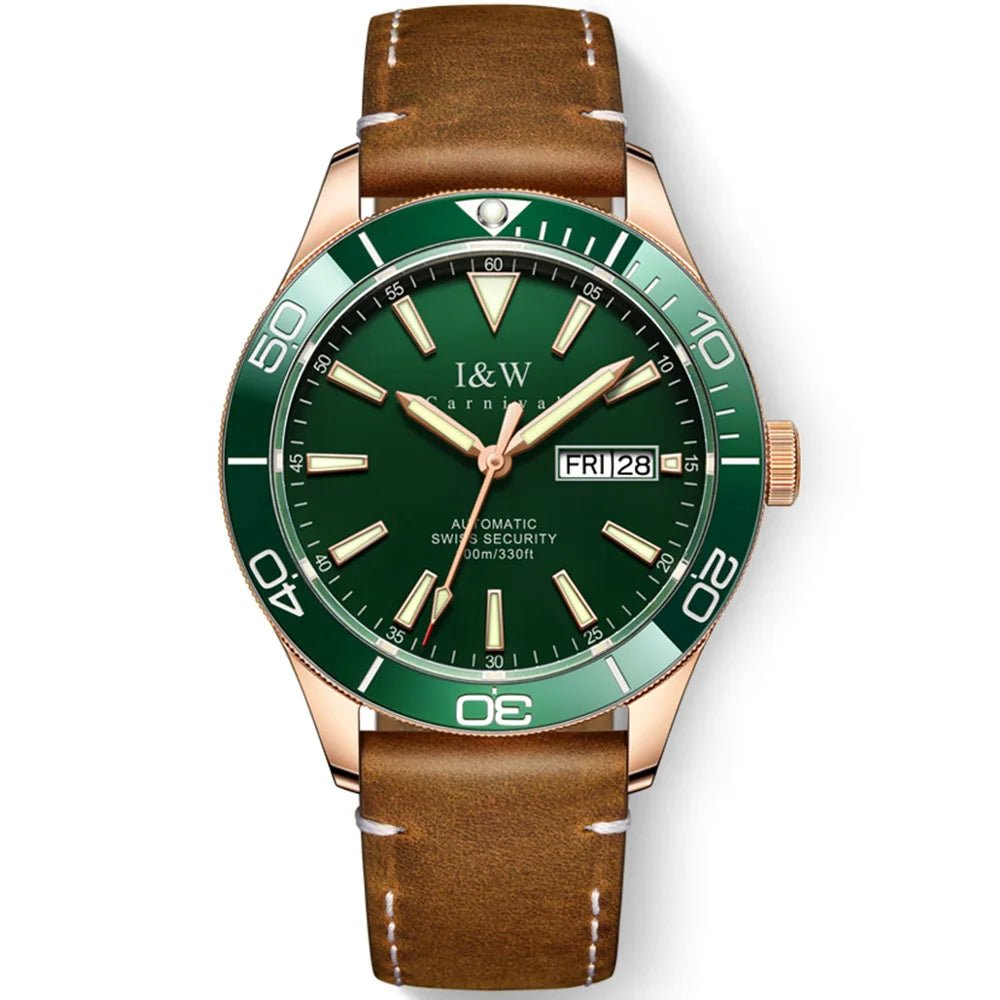 SaneShoppe-I&W Swiss Luxury Men's Automatic Diver Sports Watch 100m Waterproof Green
