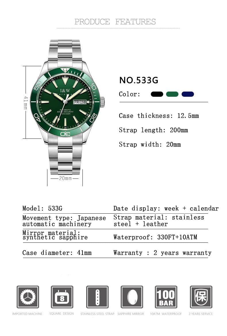 SaneShoppe-I&W Swiss Luxury Men's Automatic Diver Sports Watch 100m Waterproof Green
