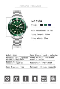 SaneShoppe-I&W Swiss Luxury Men's Automatic Diver Sports Watch 100m Waterproof Green