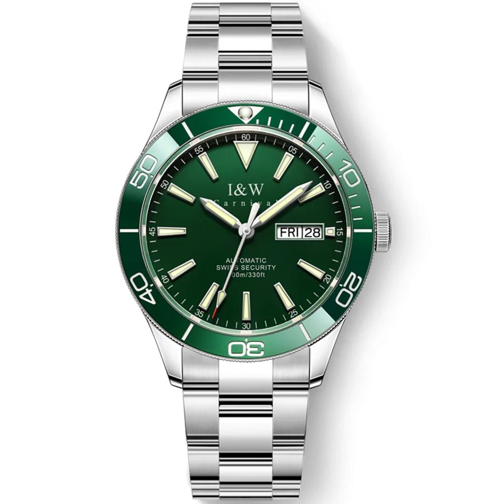 SaneShoppe-I&W Swiss Luxury Men's Automatic Diver Sports Watch 100m Waterproof Green