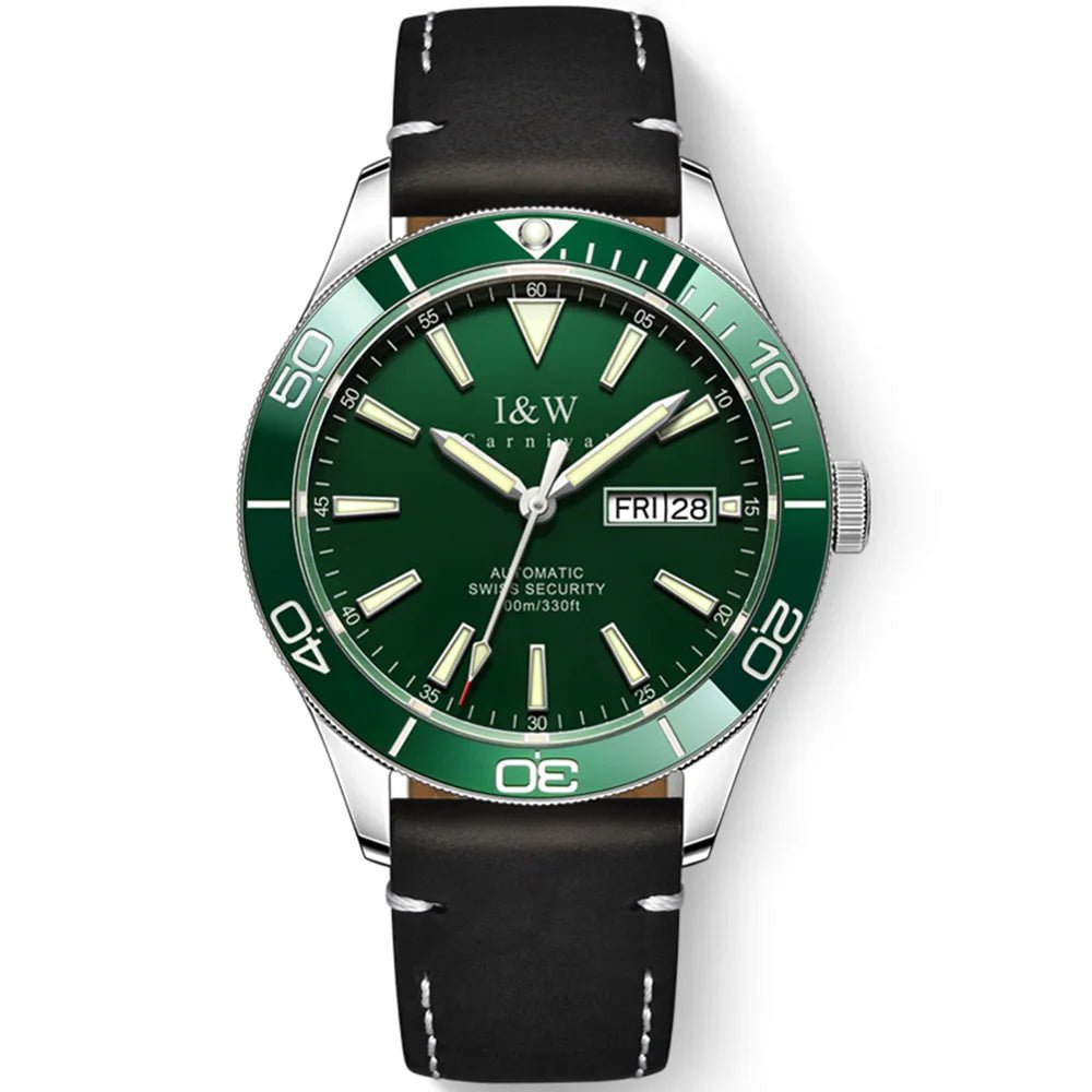 SaneShoppe-I&W Swiss Luxury Men's Automatic Diver Sports Watch 100m Waterproof Green