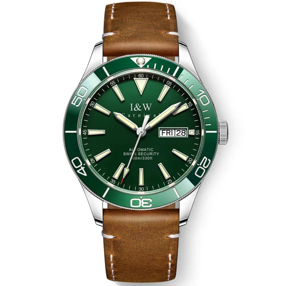 SaneShoppe-I&W Swiss Luxury Men's Automatic Diver Sports Watch 100m Waterproof Green