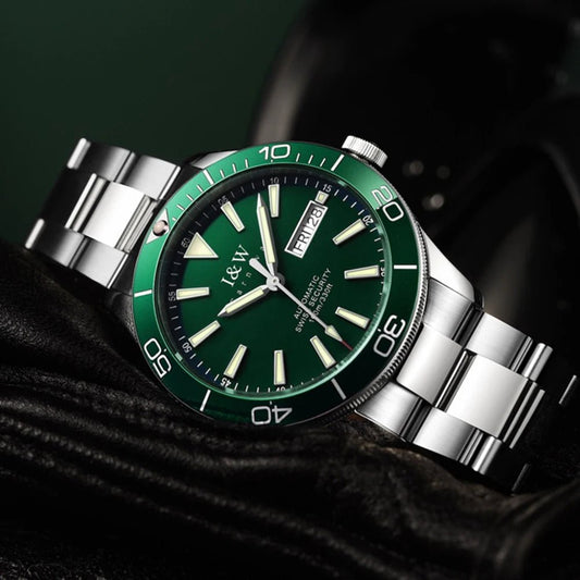 SaneShoppe-I&W Swiss Luxury Men's Automatic Diver Sports Watch 100m Waterproof Green