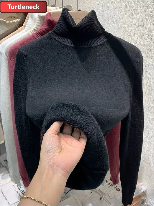 SaneShoppe-Korean Style Turtleneck Sweater Women's Thick Velvet Knit Pullover