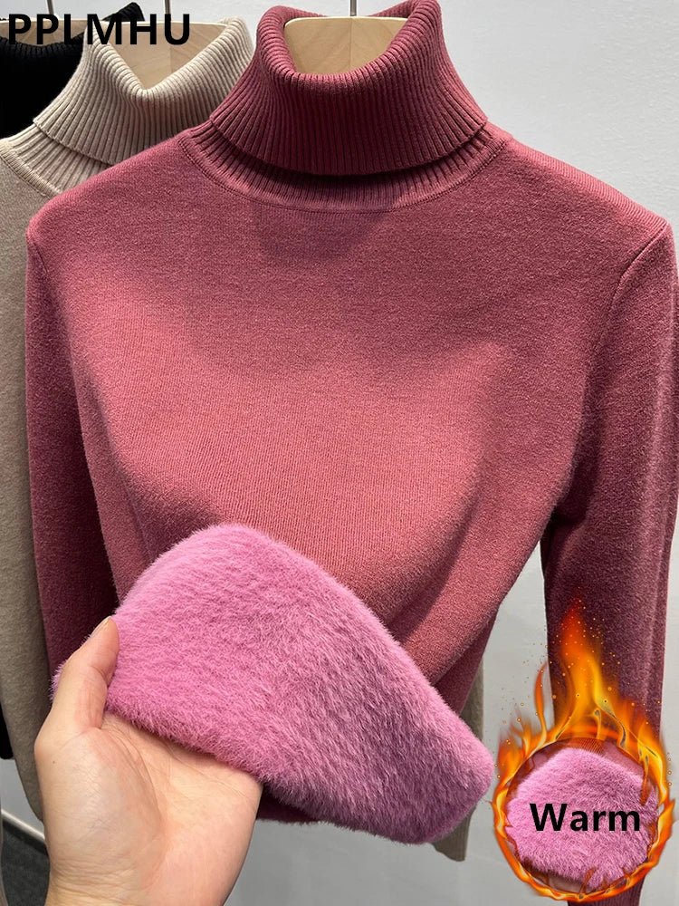 SaneShoppe-Korean Style Turtleneck Sweater Women's Thick Velvet Knit Pullover