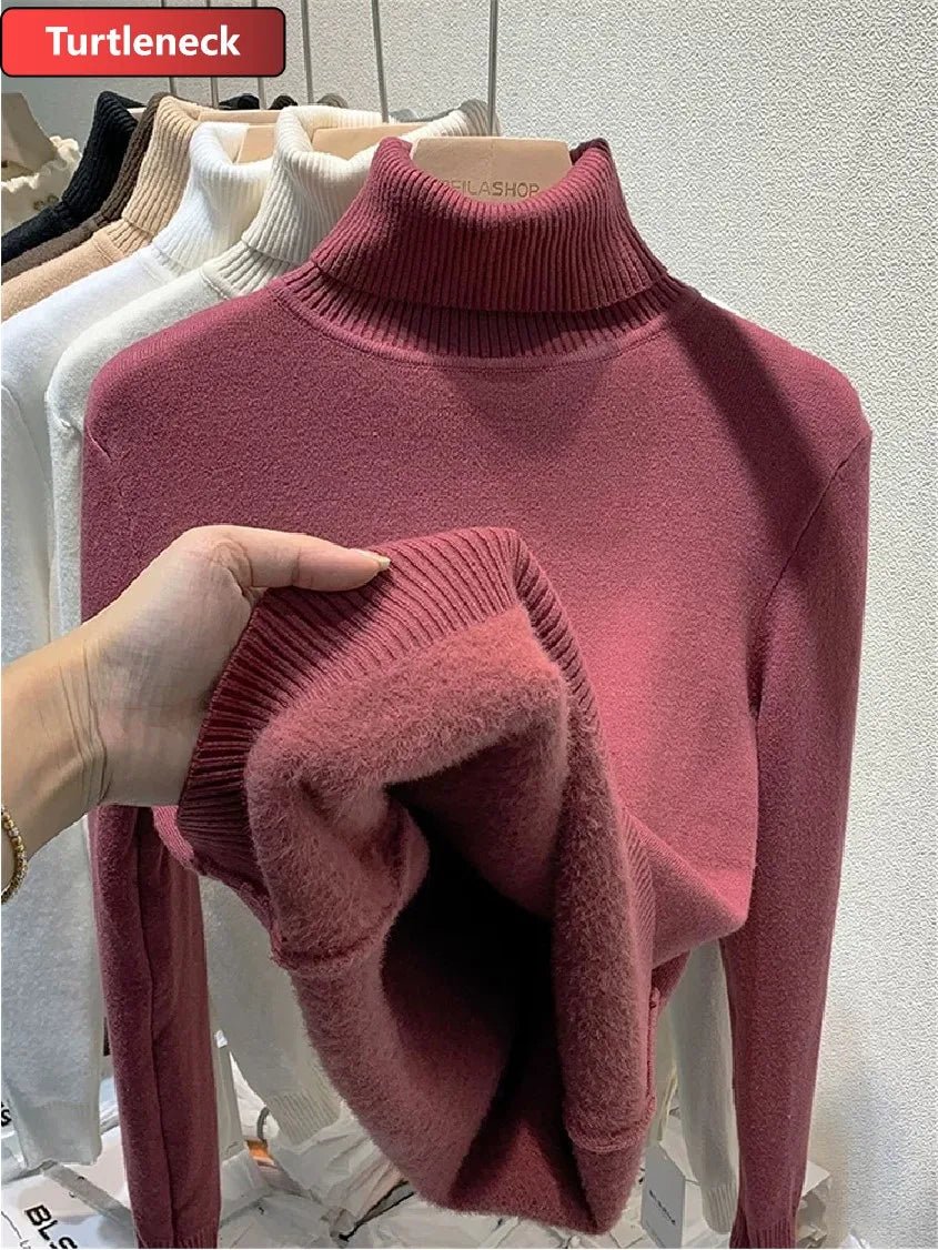 SaneShoppe-Korean Style Turtleneck Sweater Women's Thick Velvet Knit Pullover