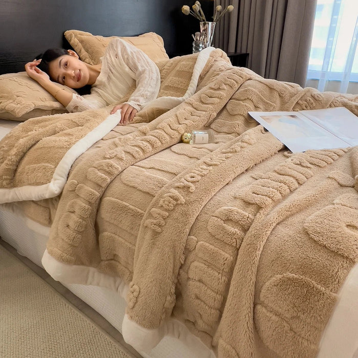 SaneShoppe - Thickened Coral Fleece Warm Autumn Winter Bed Blankets Letter Jacquard Velvet Throw Blanket Soft Plush Blankets Pillow Cover Set