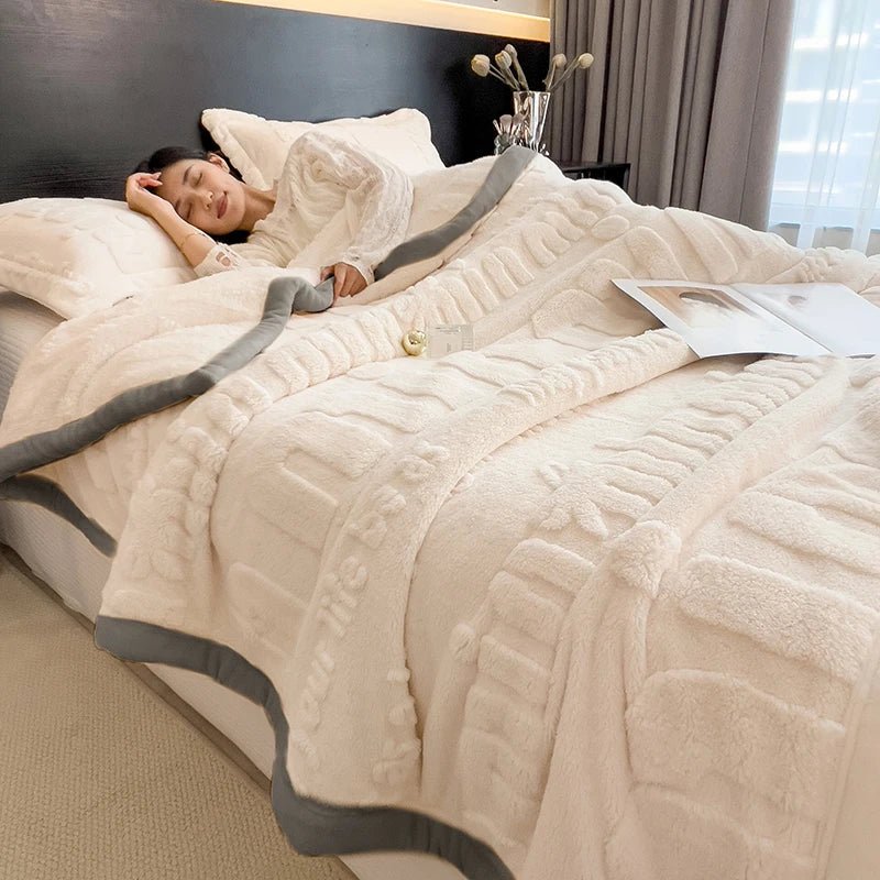 SaneShoppe - Thickened Coral Fleece Warm Autumn Winter Bed Blankets Letter Jacquard Velvet Throw Blanket Soft Plush Blankets Pillow Cover Set