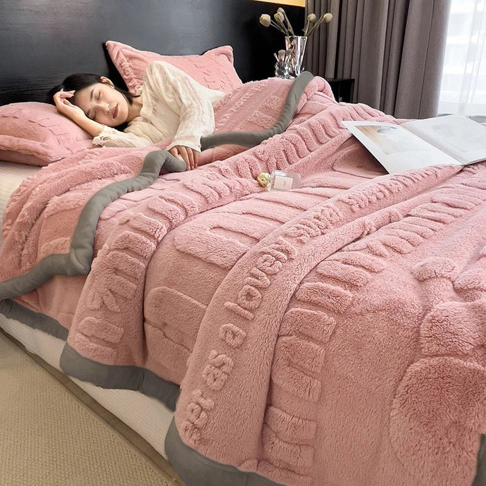 SaneShoppe - Thickened Coral Fleece Warm Autumn Winter Bed Blankets Letter Jacquard Velvet Throw Blanket Soft Plush Blankets Pillow Cover Set