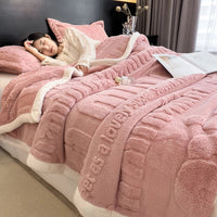 SaneShoppe - Thickened Coral Fleece Warm Autumn Winter Bed Blankets Letter Jacquard Velvet Throw Blanket Soft Plush Blankets Pillow Cover Set