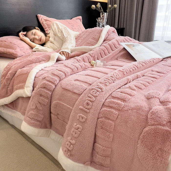 SaneShoppe - Thickened Coral Fleece Warm Autumn Winter Bed Blankets Letter Jacquard Velvet Throw Blanket Soft Plush Blankets Pillow Cover Set