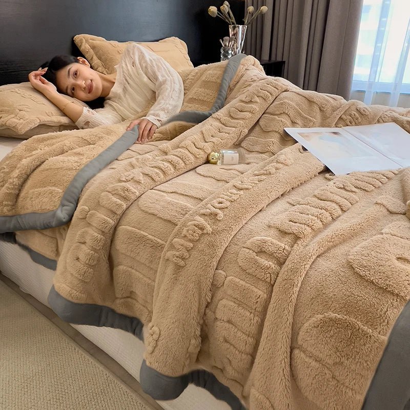 SaneShoppe - Thickened Coral Fleece Warm Autumn Winter Bed Blankets Letter Jacquard Velvet Throw Blanket Soft Plush Blankets Pillow Cover Set