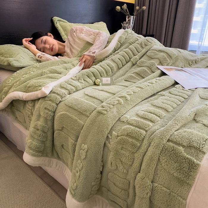 SaneShoppe - Thickened Coral Fleece Warm Autumn Winter Bed Blankets Letter Jacquard Velvet Throw Blanket Soft Plush Blankets Pillow Cover Set