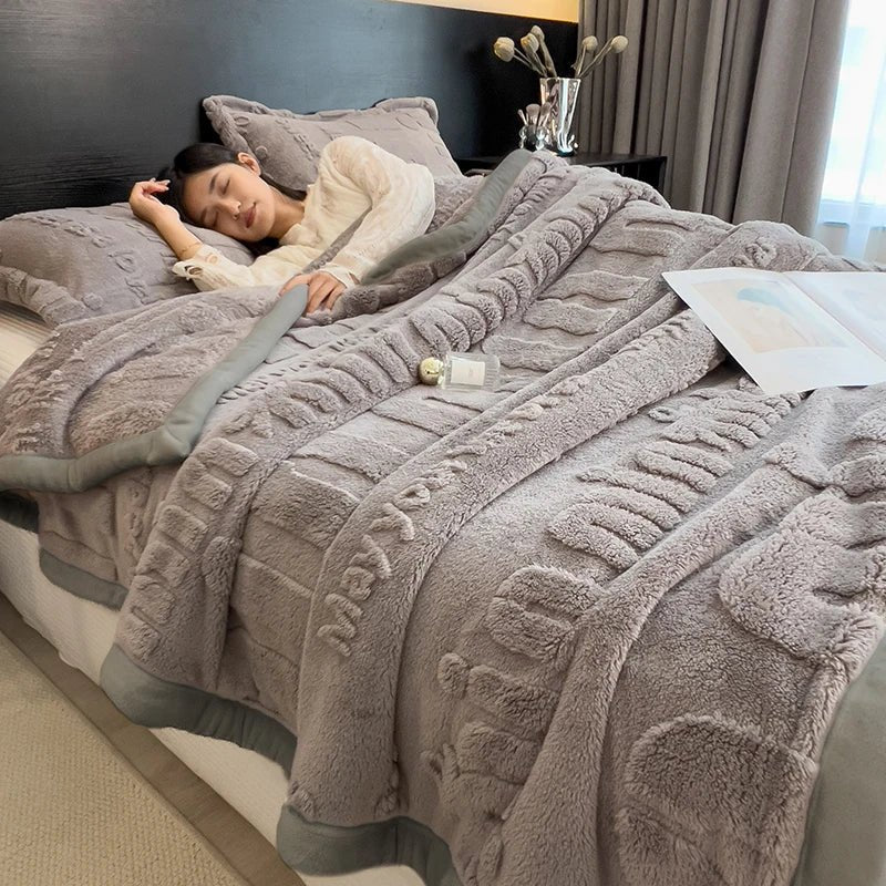 SaneShoppe - Thickened Coral Fleece Warm Autumn Winter Bed Blankets Letter Jacquard Velvet Throw Blanket Soft Plush Blankets Pillow Cover Set