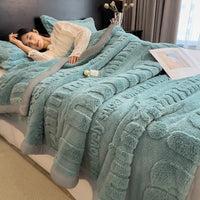 SaneShoppe - Thickened Coral Fleece Warm Autumn Winter Bed Blankets Letter Jacquard Velvet Throw Blanket Soft Plush Blankets Pillow Cover Set