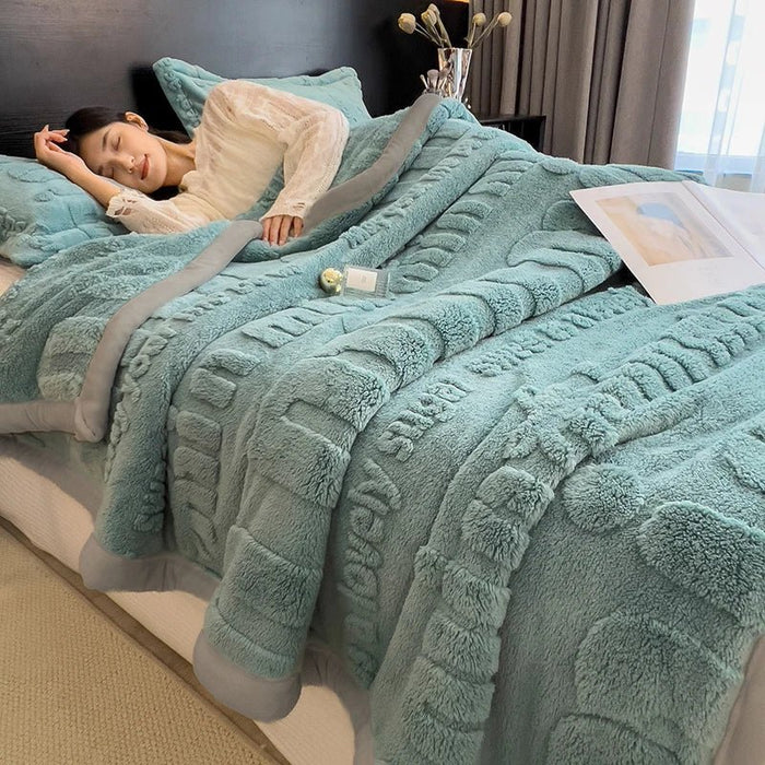 SaneShoppe - Thickened Coral Fleece Warm Autumn Winter Bed Blankets Letter Jacquard Velvet Throw Blanket Soft Plush Blankets Pillow Cover Set