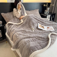 SaneShoppe - Thickened Coral Fleece Warm Autumn Winter Bed Blankets Letter Jacquard Velvet Throw Blanket Soft Plush Blankets Pillow Cover Set