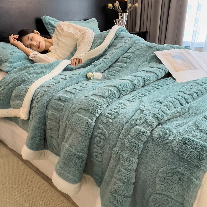 SaneShoppe - Thickened Coral Fleece Warm Autumn Winter Bed Blankets Letter Jacquard Velvet Throw Blanket Soft Plush Blankets Pillow Cover Set