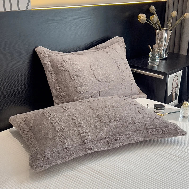 SaneShoppe - Thickened Coral Fleece Warm Autumn Winter Bed Blankets Letter Jacquard Velvet Throw Blanket Soft Plush Blankets Pillow Cover Set
