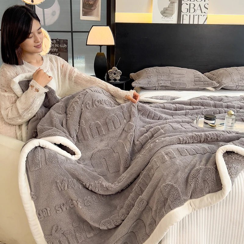 SaneShoppe - Thickened Coral Fleece Warm Autumn Winter Bed Blankets Letter Jacquard Velvet Throw Blanket Soft Plush Blankets Pillow Cover Set