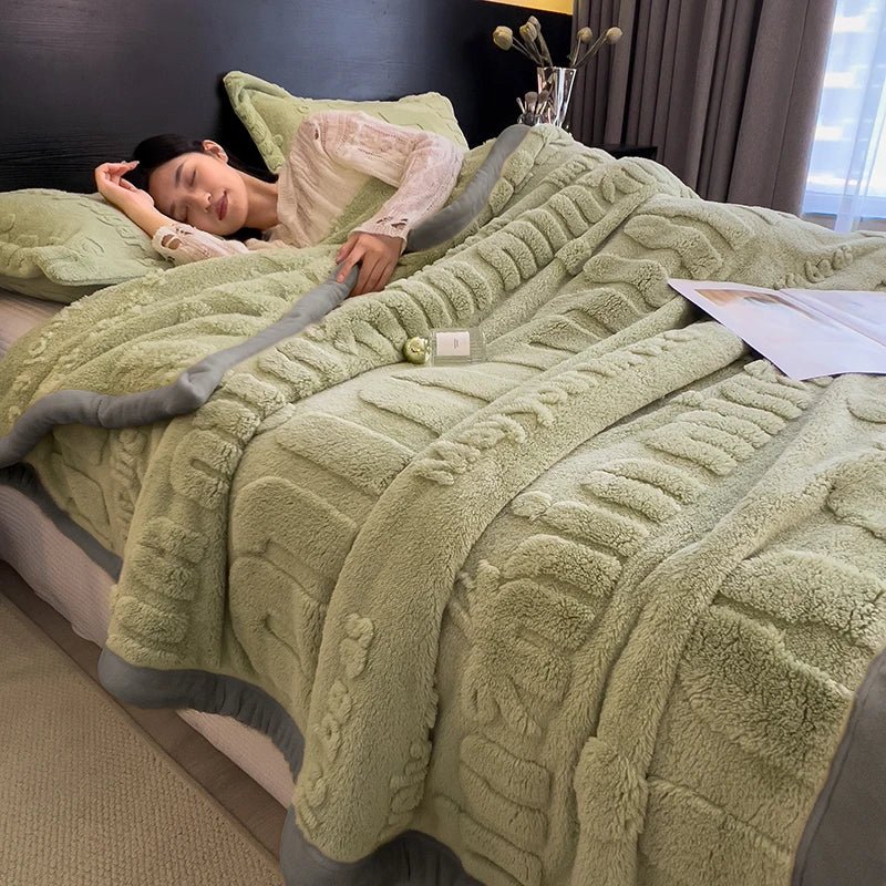 SaneShoppe - Thickened Coral Fleece Warm Autumn Winter Bed Blankets Letter Jacquard Velvet Throw Blanket Soft Plush Blankets Pillow Cover Set