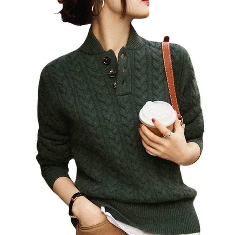 SaneShoppe - Thickened Long Sleeve Knitted Sweater Stand Collar Base Layer Shirt Trendy Polyester Fiber Winter New Style Women's Fashion