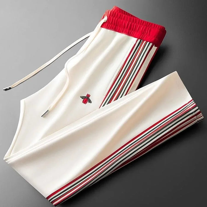 SaneShoppe - Trendy European Style Men's Sweatpants Embroidered Honeycomb Pattern Casual Straight Leg Pants Stylish Striped Drawstring Waist