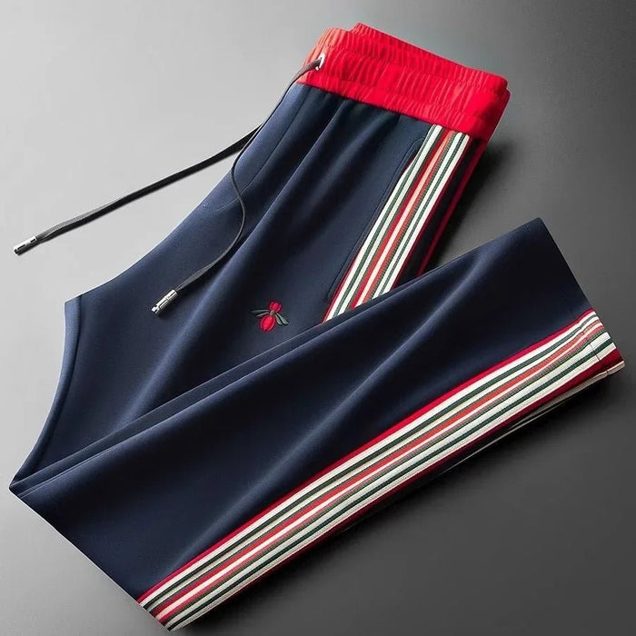 SaneShoppe - Trendy European Style Men's Sweatpants Embroidered Honeycomb Pattern Casual Straight Leg Pants Stylish Striped Drawstring Waist