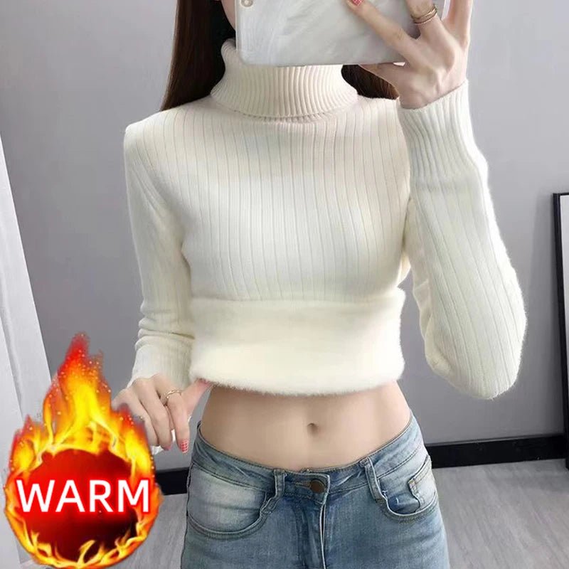 SaneShoppe - Turtleneck Winter Sweater Women Elegant Thicken Velvet Lined Warm Sueter Fleece Knitted Pullover Slim Top Jersey Knitwear Jumper