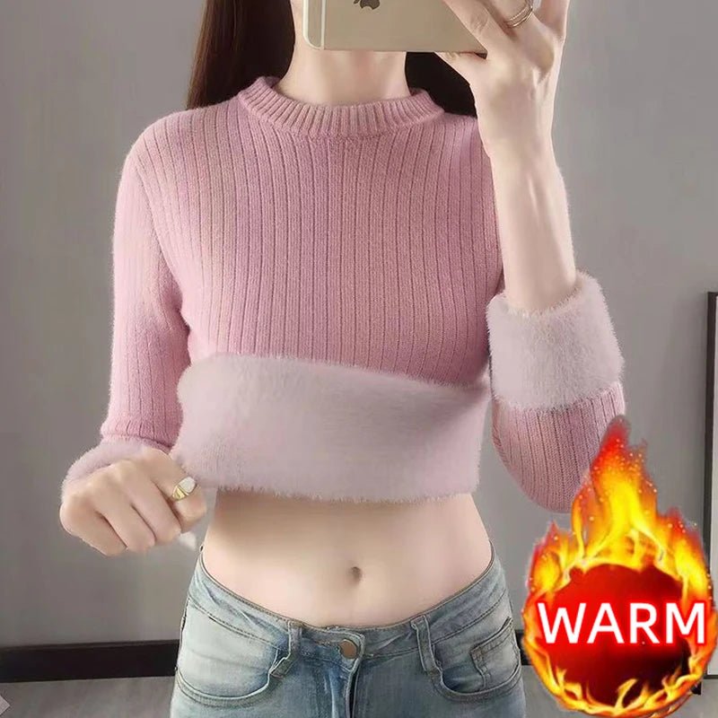 SaneShoppe - Turtleneck Winter Sweater Women Elegant Thicken Velvet Lined Warm Sueter Fleece Knitted Pullover Slim Top Jersey Knitwear Jumper