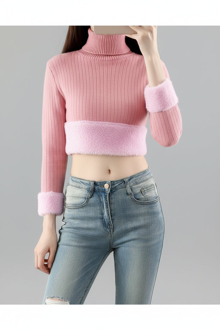 SaneShoppe-Elegant Velvet Lined Turtleneck Sweater Women Warm Winter Top
