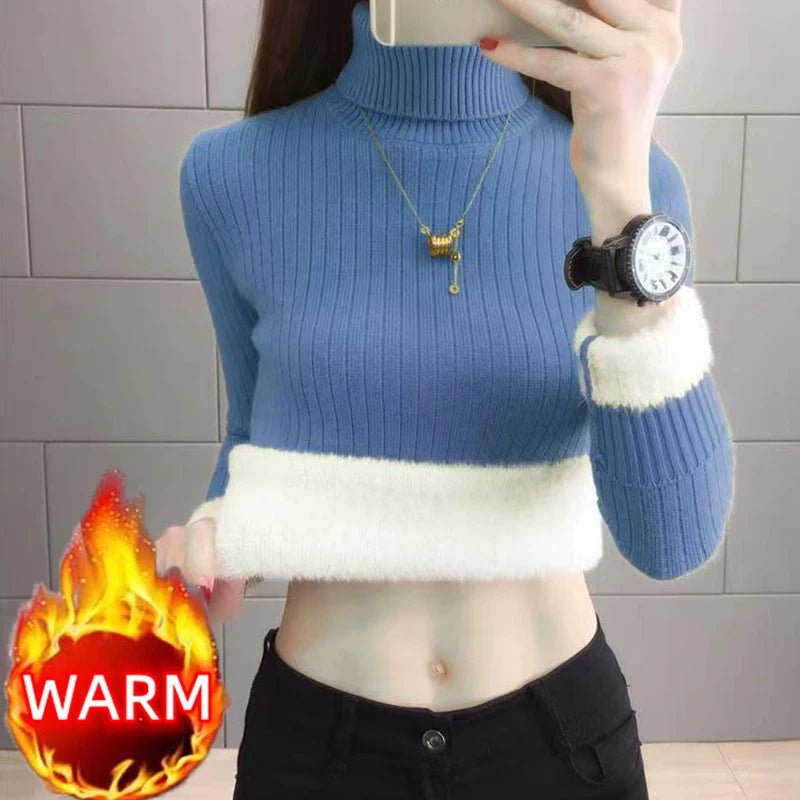SaneShoppe - Turtleneck Winter Sweater Women Elegant Thicken Velvet Lined Warm Sueter Fleece Knitted Pullover Slim Top Jersey Knitwear Jumper