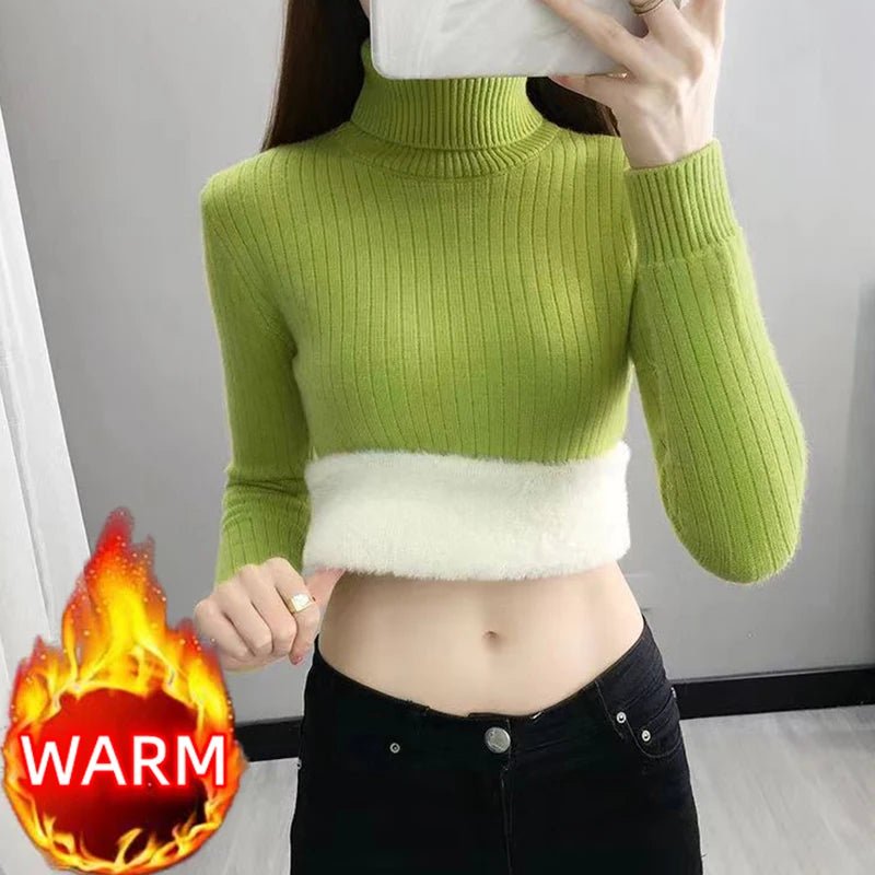SaneShoppe - Turtleneck Winter Sweater Women Elegant Thicken Velvet Lined Warm Sueter Fleece Knitted Pullover Slim Top Jersey Knitwear Jumper