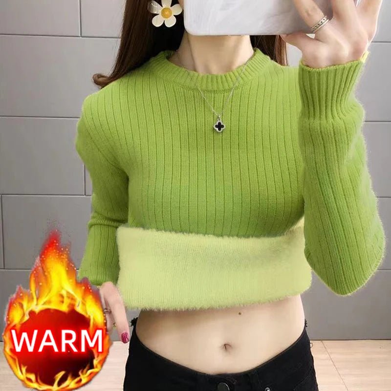 SaneShoppe - Turtleneck Winter Sweater Women Elegant Thicken Velvet Lined Warm Sueter Fleece Knitted Pullover Slim Top Jersey Knitwear Jumper
