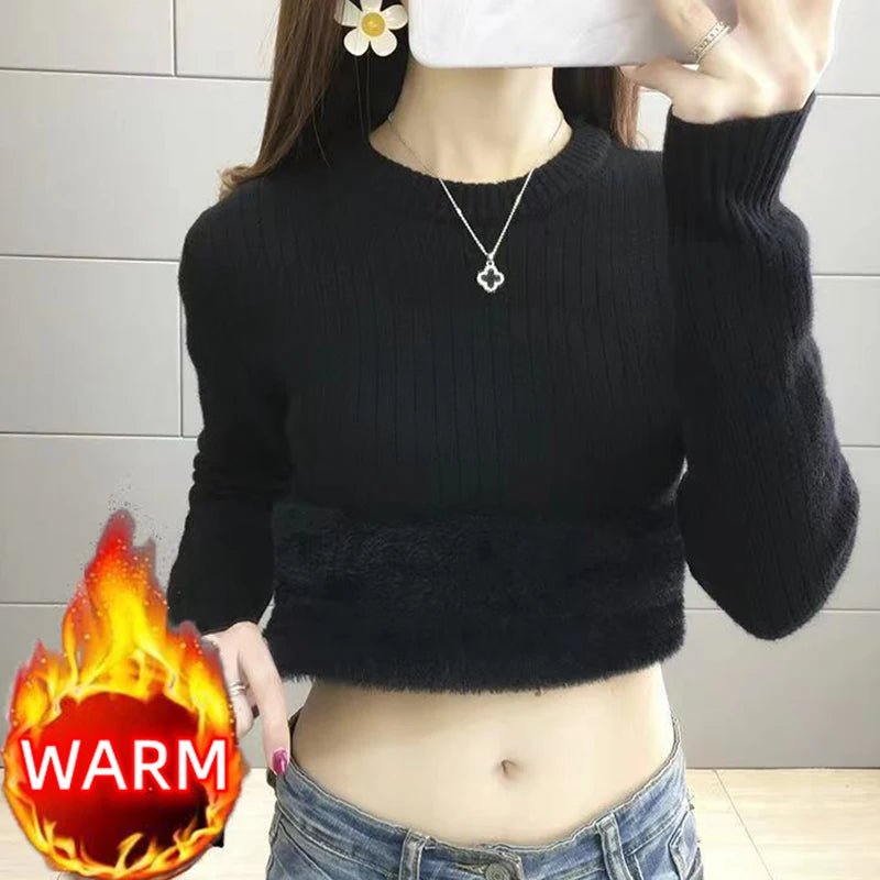 SaneShoppe - Turtleneck Winter Sweater Women Elegant Thicken Velvet Lined Warm Sueter Fleece Knitted Pullover Slim Top Jersey Knitwear Jumper