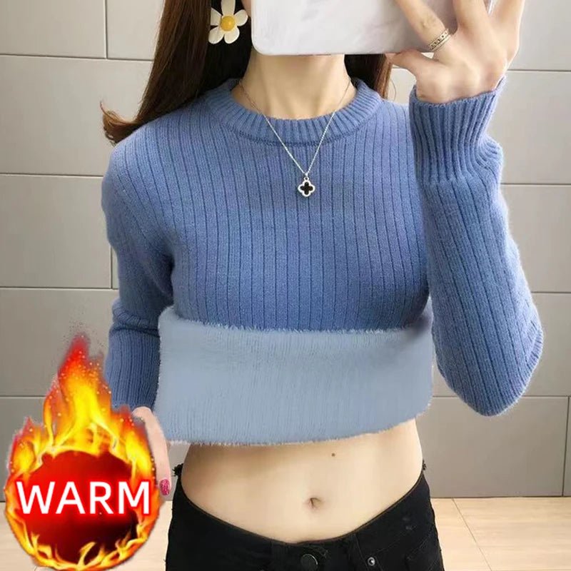 SaneShoppe - Turtleneck Winter Sweater Women Elegant Thicken Velvet Lined Warm Sueter Fleece Knitted Pullover Slim Top Jersey Knitwear Jumper
