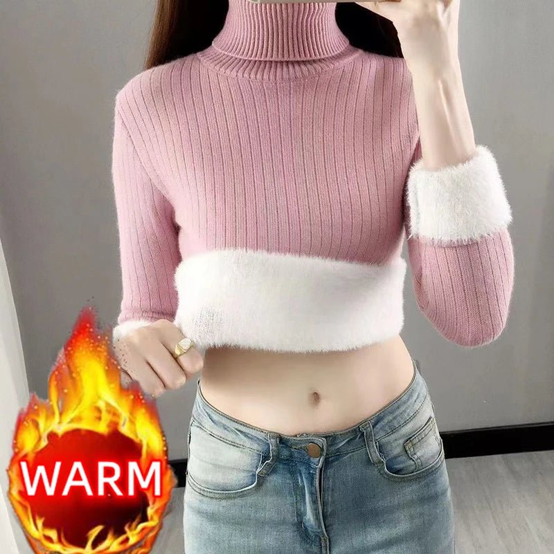 SaneShoppe - Turtleneck Winter Sweater Women Elegant Thicken Velvet Lined Warm Sueter Fleece Knitted Pullover Slim Top Jersey Knitwear Jumper