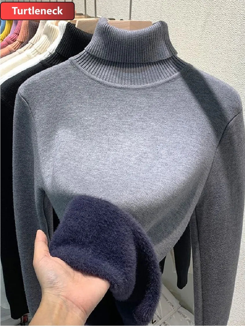 SaneShoppe - Turtleneck Winter Sweater Women Elegant Thicken Velvet Lined Warm Sueter Knitted Pullover Slim Tops Jersey Knitwear Jumper New