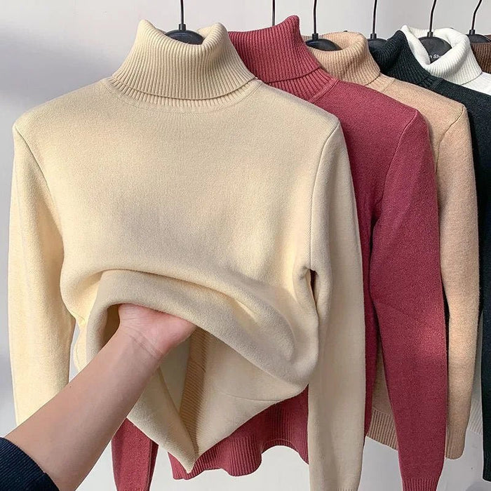 SaneShoppe - Turtleneck Winter Sweater Women Elegant Thicken Velvet Lined Warm Sueter Knitted Pullover Slim Tops Jersey Knitwear Jumper New