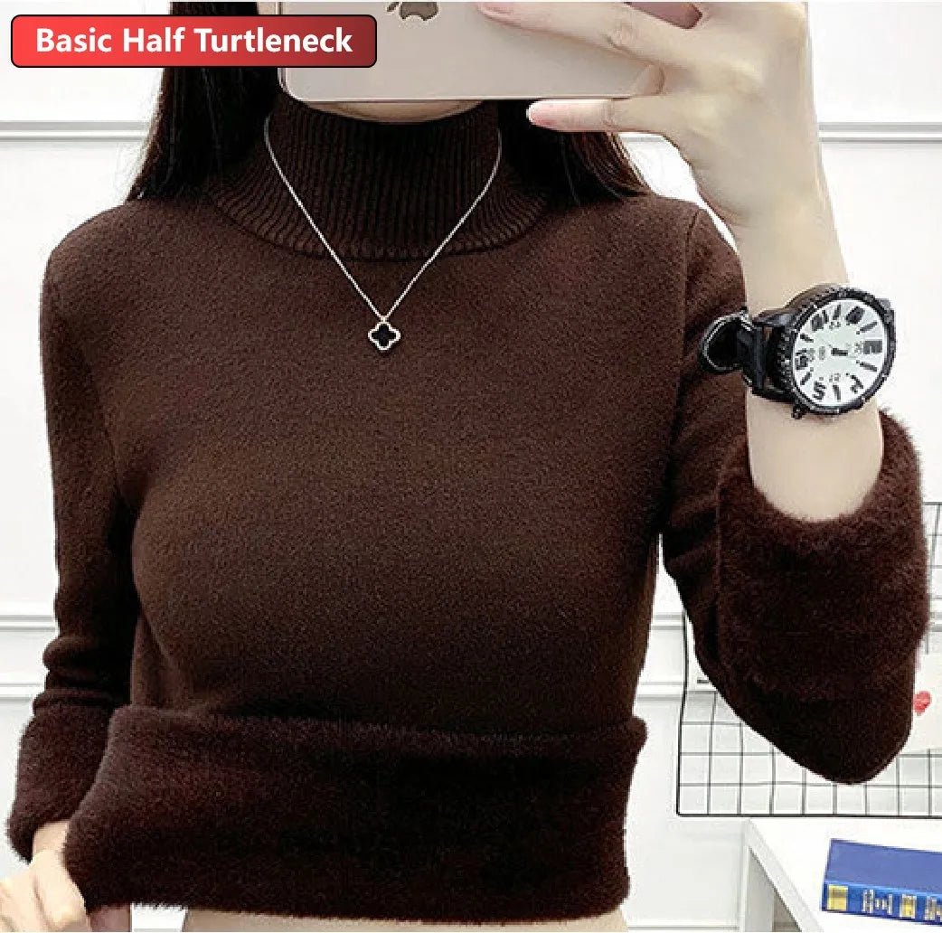 SaneShoppe - Turtleneck Winter Sweater Women Elegant Thicken Velvet Lined Warm Sueter Knitted Pullover Slim Tops Jersey Knitwear Jumper New