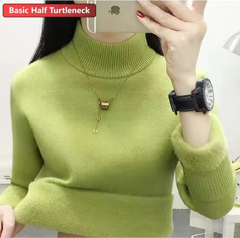 SaneShoppe - Turtleneck Winter Sweater Women Elegant Thicken Velvet Lined Warm Sueter Knitted Pullover Slim Tops Jersey Knitwear Jumper New