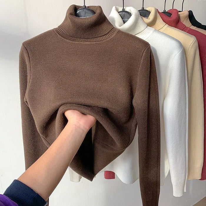 SaneShoppe - Turtleneck Winter Sweater Women Elegant Thicken Velvet Lined Warm Sueter Knitted Pullover Slim Tops Jersey Knitwear Jumper New