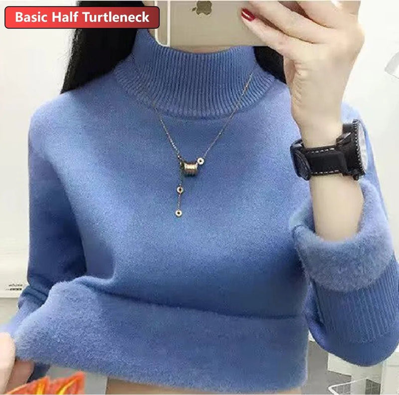 SaneShoppe - Turtleneck Winter Sweater Women Elegant Thicken Velvet Lined Warm Sueter Knitted Pullover Slim Tops Jersey Knitwear Jumper New