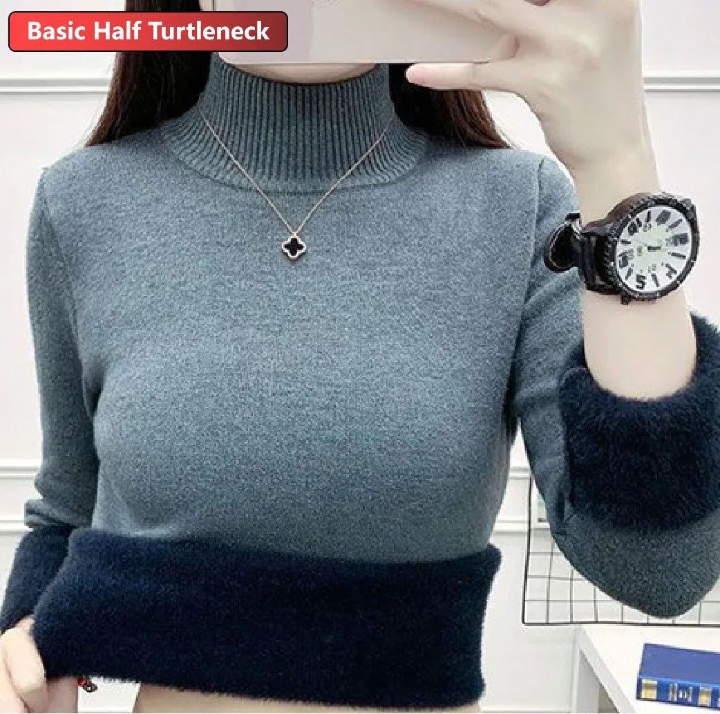 SaneShoppe - Turtleneck Winter Sweater Women Elegant Thicken Velvet Lined Warm Sueter Knitted Pullover Slim Tops Jersey Knitwear Jumper New