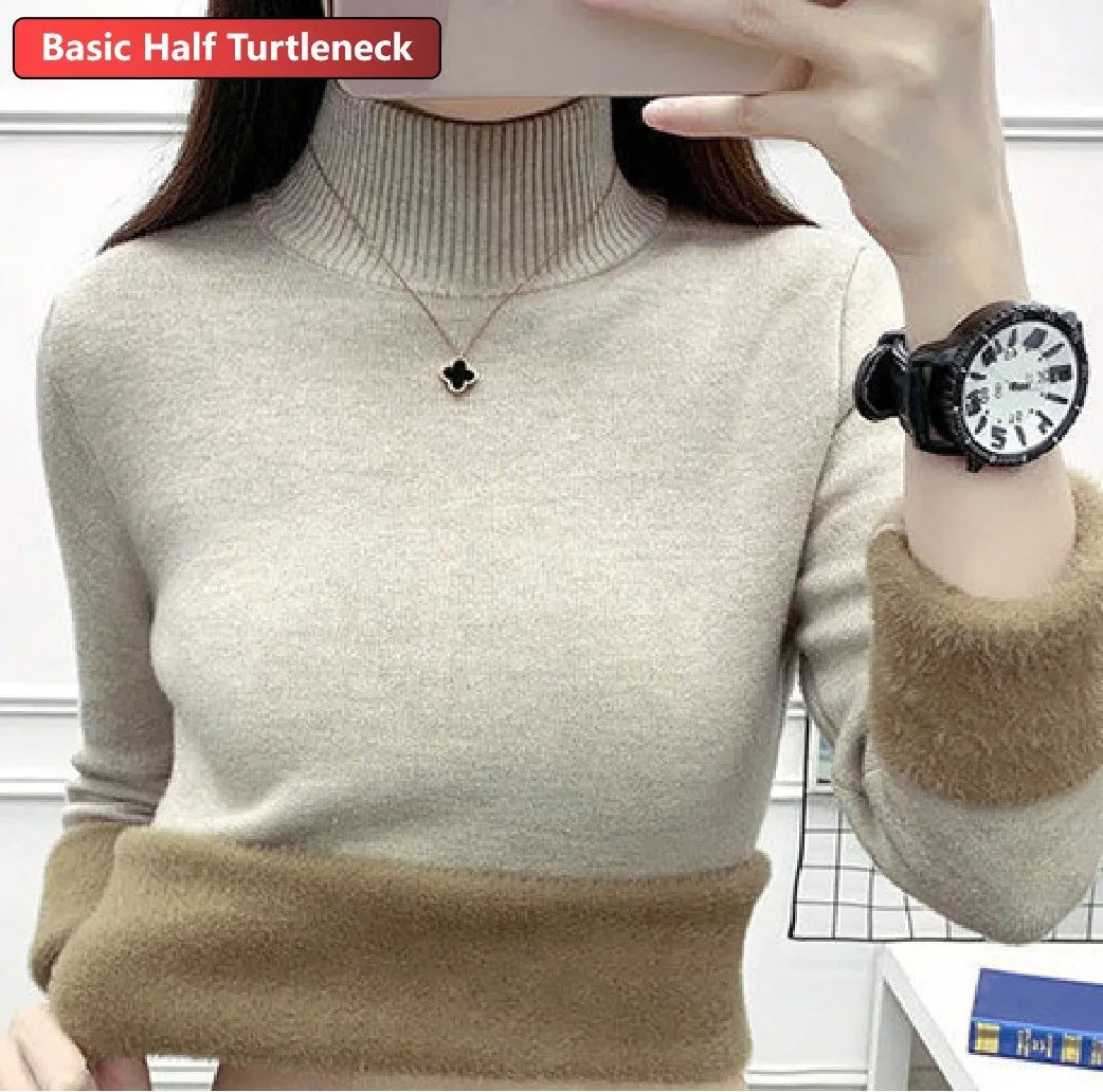SaneShoppe - Turtleneck Winter Sweater Women Elegant Thicken Velvet Lined Warm Sueter Knitted Pullover Slim Tops Jersey Knitwear Jumper New