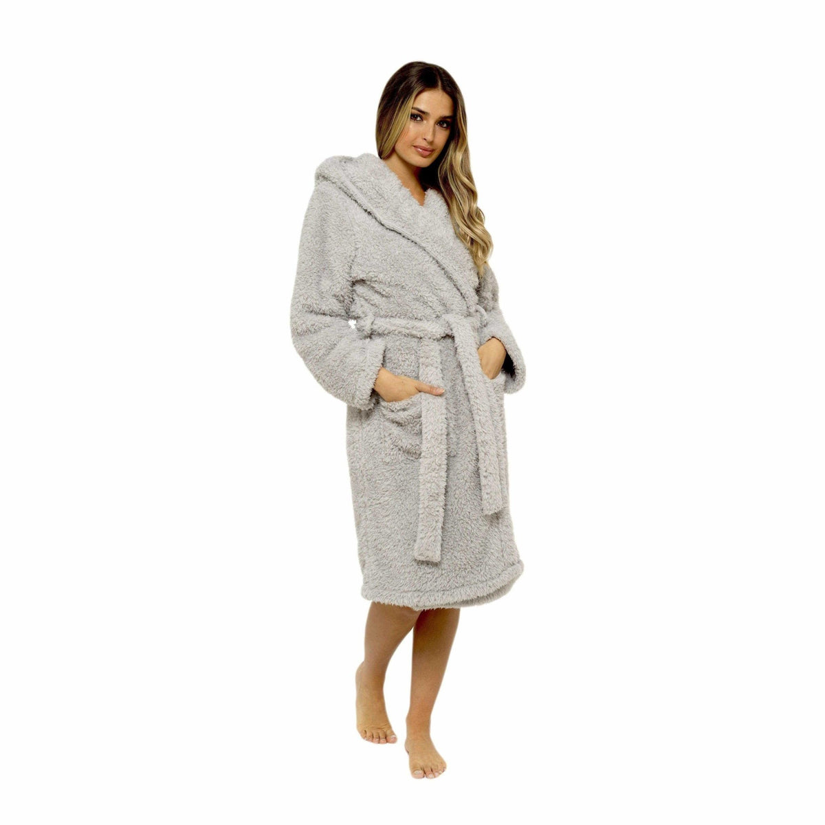 SaneShoppe - Ultra - Soft Women's Grey Hooded Teddy Fleece Bath Robe Perfect for Lounging and Post - Shower Comfort Available in Sizes Small to X Large by Daisy Dreamer