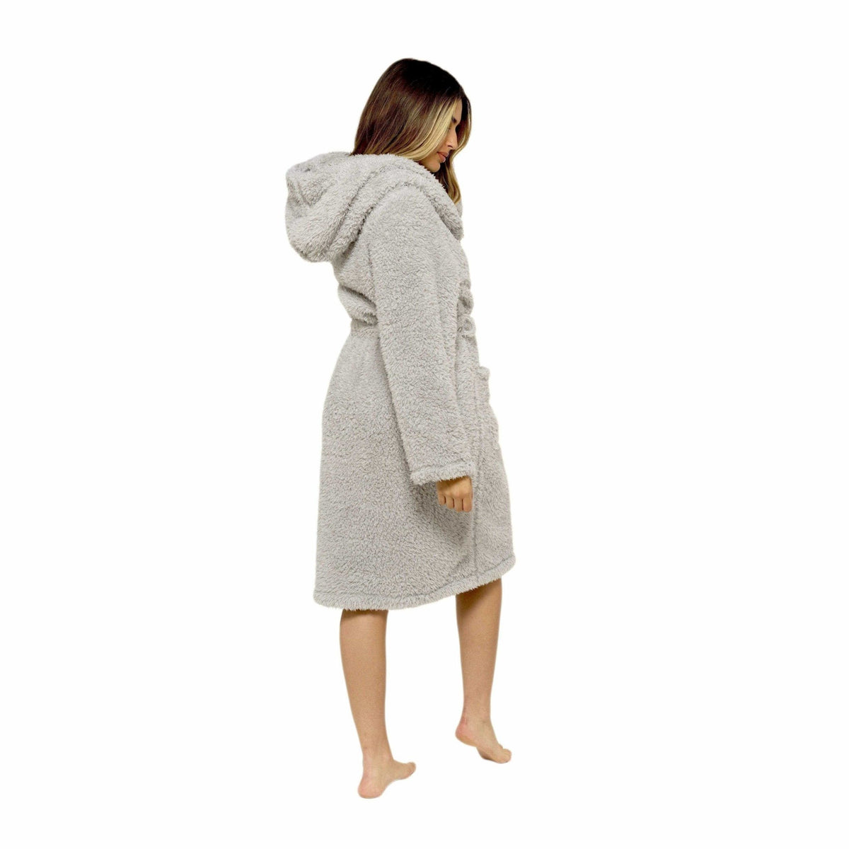 SaneShoppe - Ultra - Soft Women's Grey Hooded Teddy Fleece Bath Robe Perfect for Lounging and Post - Shower Comfort Available in Sizes Small to X Large by Daisy Dreamer