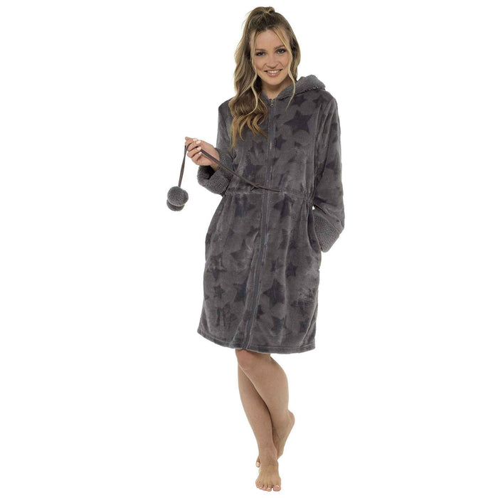 SaneShoppe - Ultra - Soft Women's Hooded Fleece Bathrobe with Zip Closure Warm Plush Dressing Gown for Home Spa Gym Multiple Colors and Sizes Cozy Loungewear by Daisy Dreamer